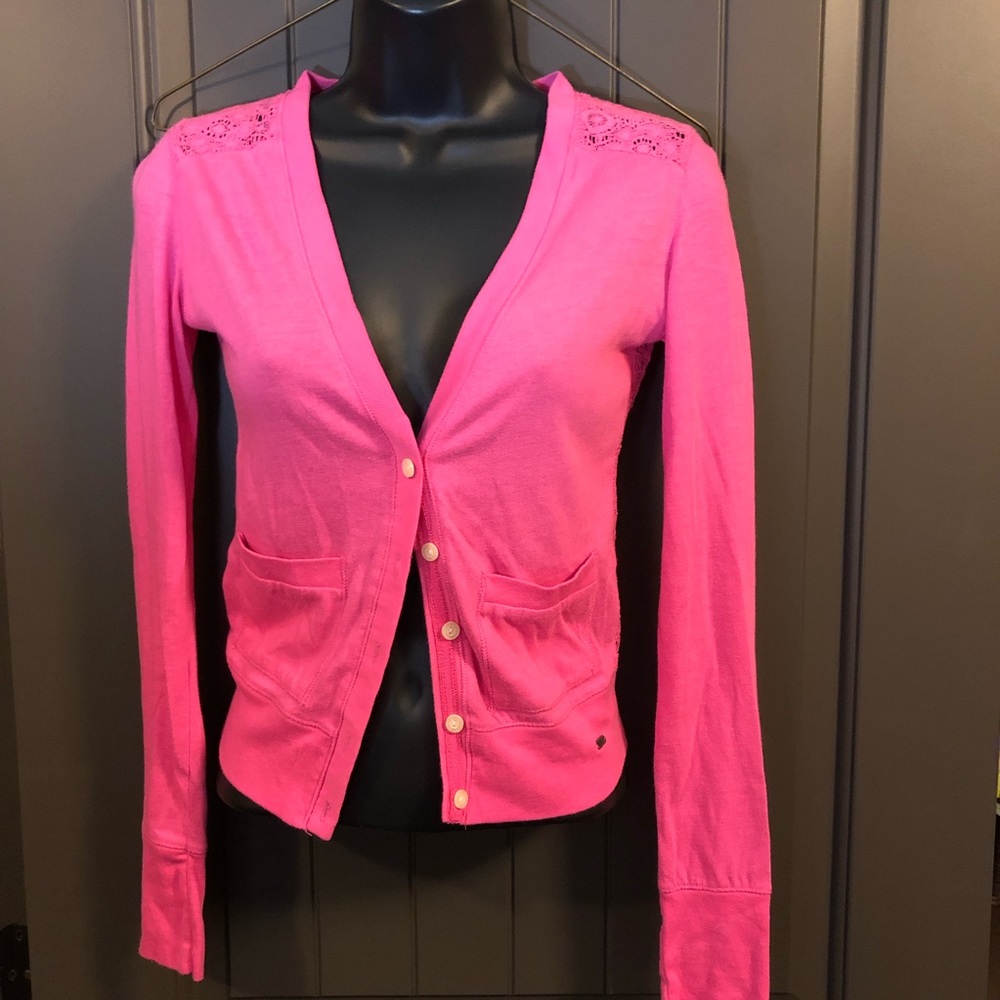 Aeropostale Pink Lace Back Button Up Sweater